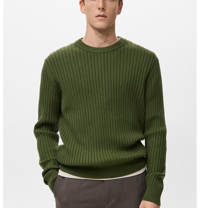 Рипсен пуловер с вълна - Бледо каки Mango