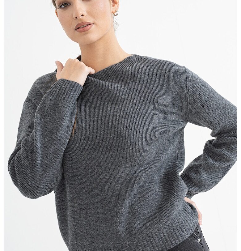 Рипсен пуловер с вълна с деколте тип лодка - Tъмносив Stefanel