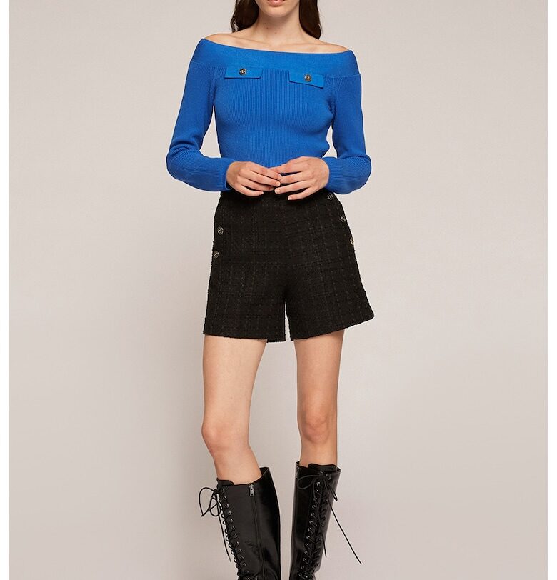 Рипсен пуловер с голи рамене - Син Motivi