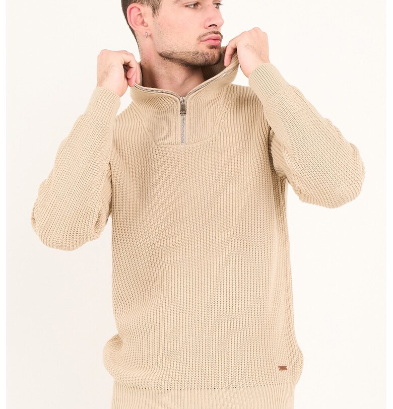 Рипсен пуловер с къс цип - Светло бежово Timeout