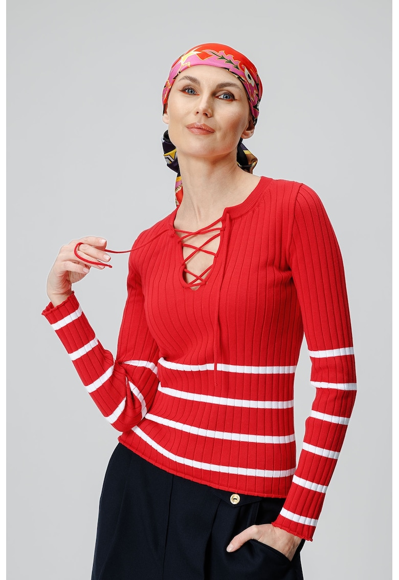 Рипсен пуловер с райе - Червен Laneria