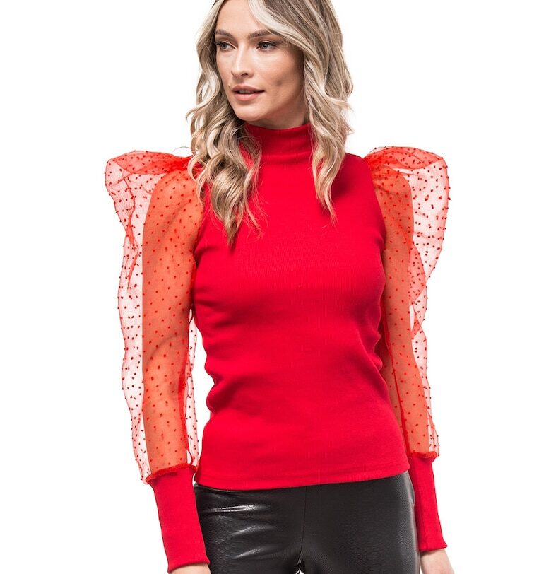 Рипсена блуза Calia с бухнали ръкави - Червен CASA DE MODA VIGO