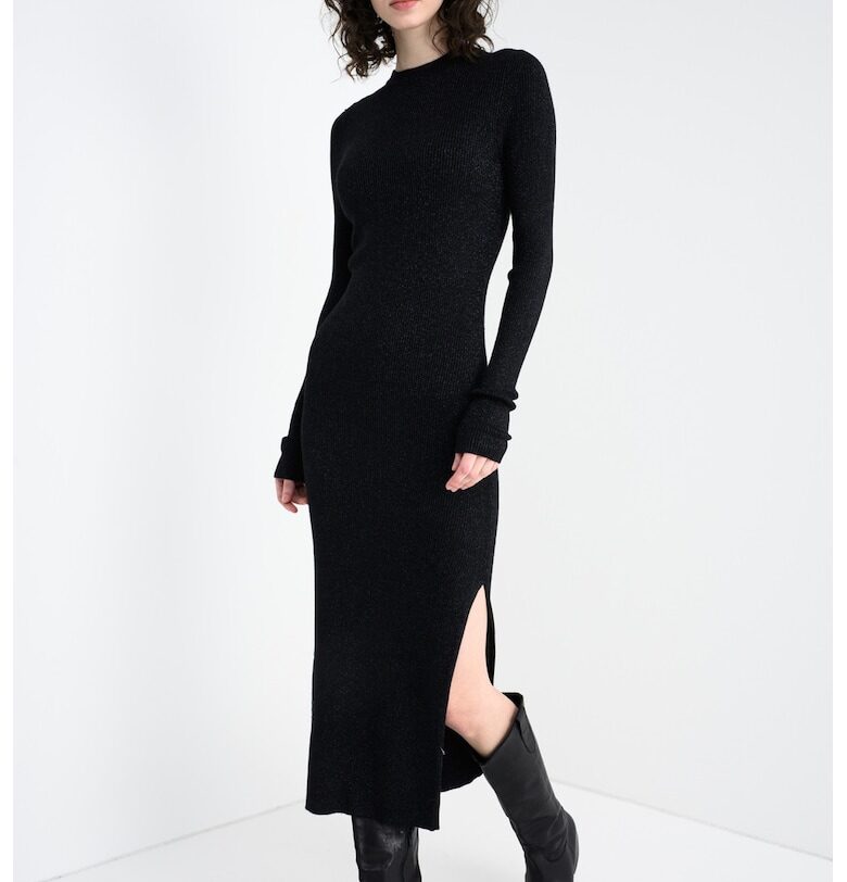 Рипсена миди рокля с цепка встрани и дълги ръкави - Черен/Сребрист Stefanel