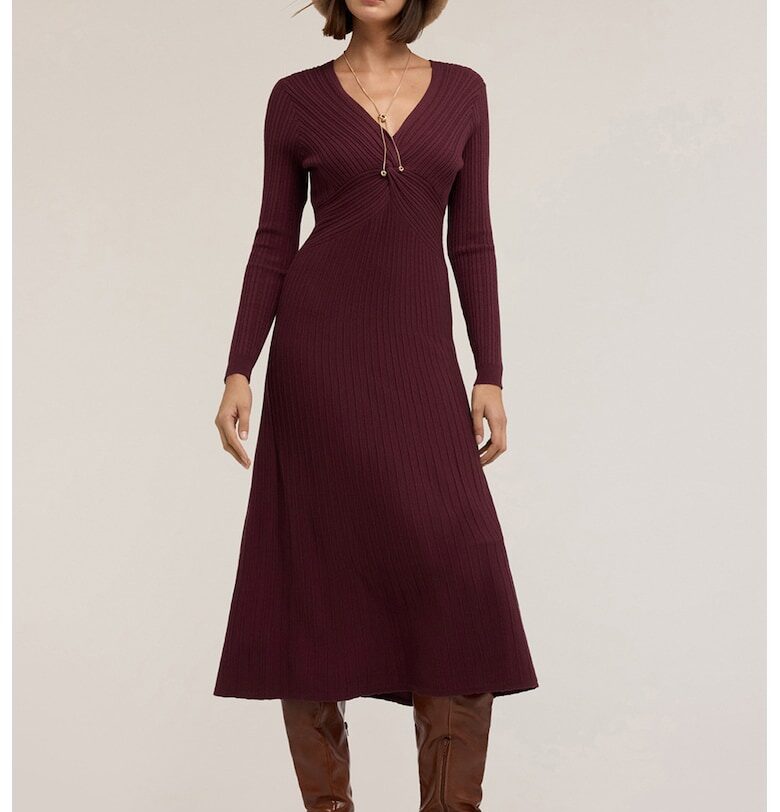 Рипсена рокля с шпиц - Тъмновиолетов Motivi