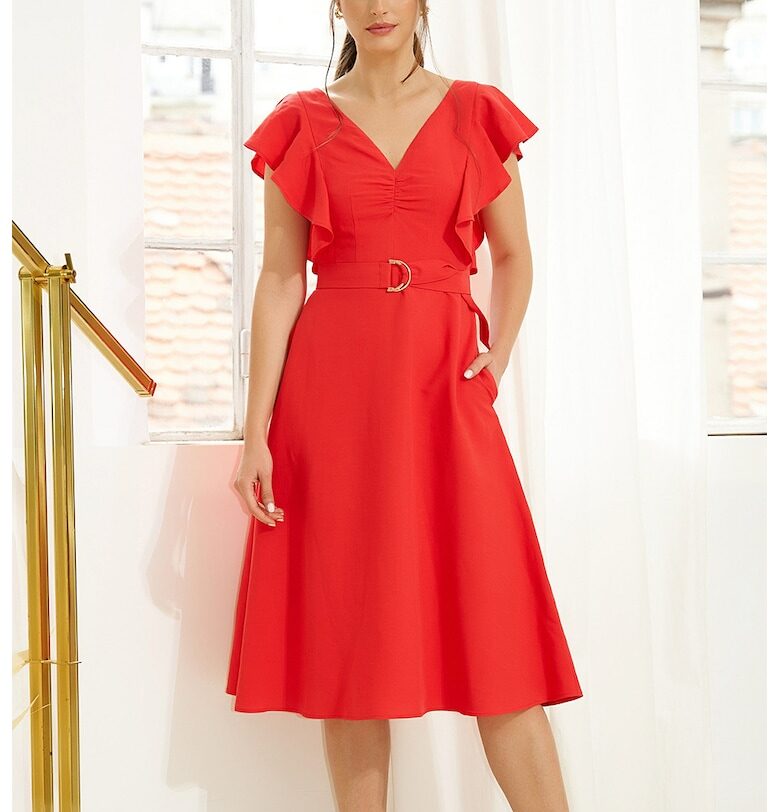 Рокля Amaryllis с лен и шпиц - Аленочервен Noria Anis