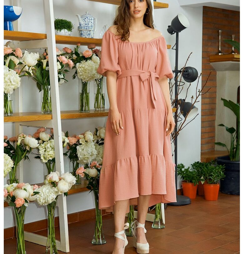 Рокля Cassia с голо рамо и асиметричен подгъв - Розова сьомга Noria Anis