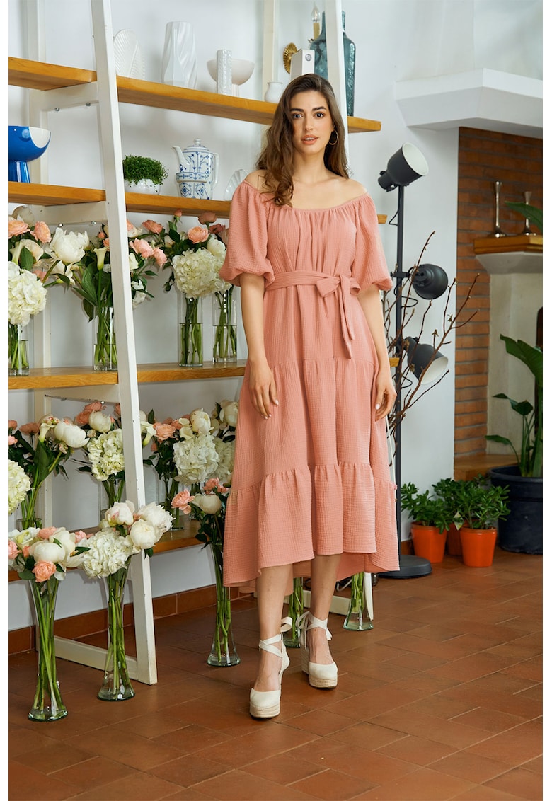 Рокля Cassia с голо рамо и асиметричен подгъв - Розова сьомга Noria Anis