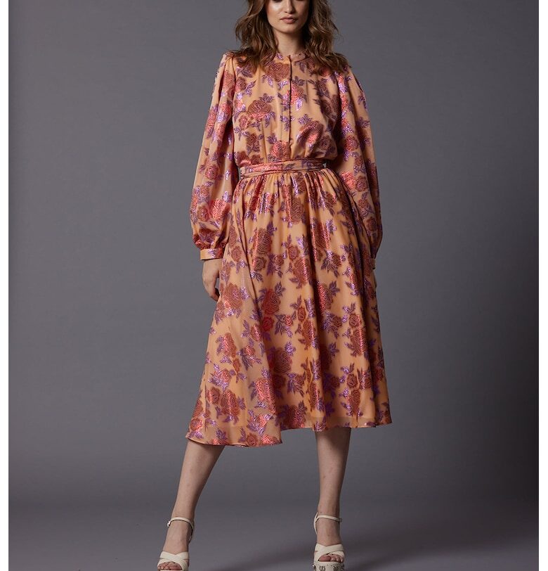 Рокля Citrus с коприна и бухнали ръкави - Праскова/Лилав/Прашно розово MIAU by Clara Rotescu