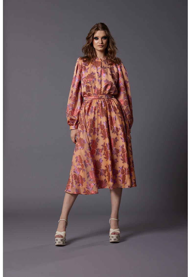 Рокля Citrus с коприна и бухнали ръкави - Праскова/Лилав/Прашно розово MIAU by Clara Rotescu