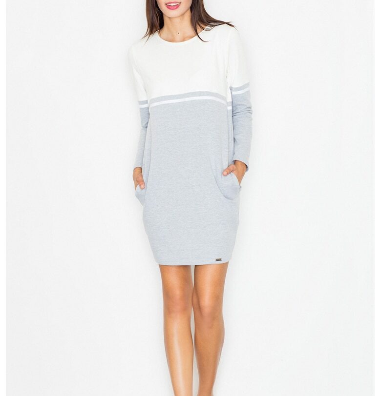 Рокля  M510 - сива с екрю - памук - с джобове - дълъг ръкав Figl