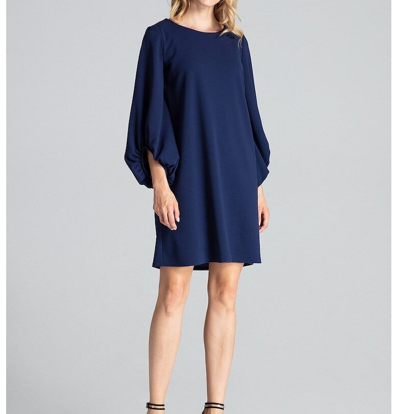 Рокля  M693 - тъмносиньо - бухнали ръкави - полиестер - SM Figl