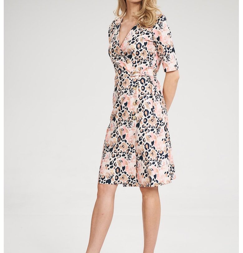 Рокля  M703 с флорални мотиви - полиестер - с копчета - къс ръкав - многоцветна Figl