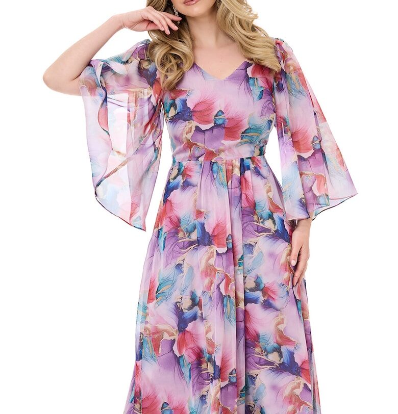 Рокля Monasque от шифон със свободни ръкави - Виолетов/Розово/Син BAROCCA