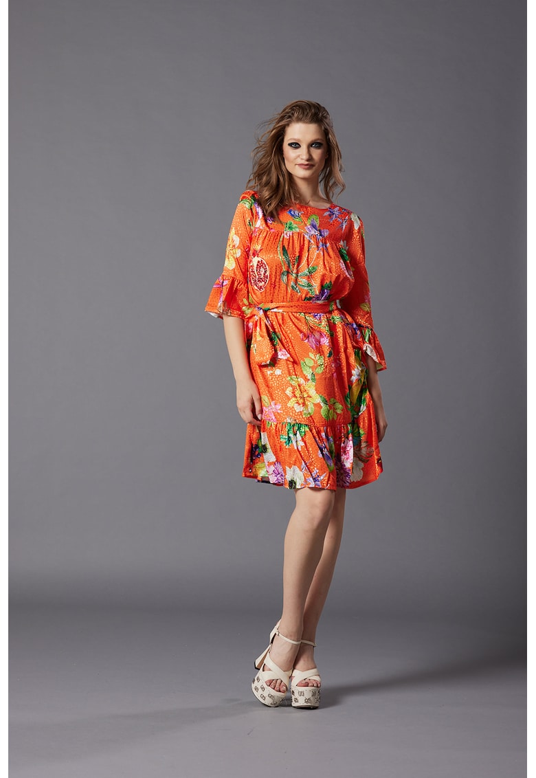 Рокля Saverna с коприна и принт - Зелен/Жълт/Мандарина MIAU by Clara Rotescu