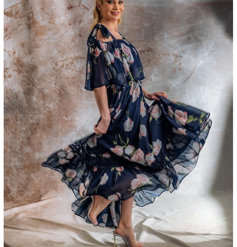 Рокля Siera с коприна - Розова сьомга/Тъмносин MIAU by Clara Rotescu