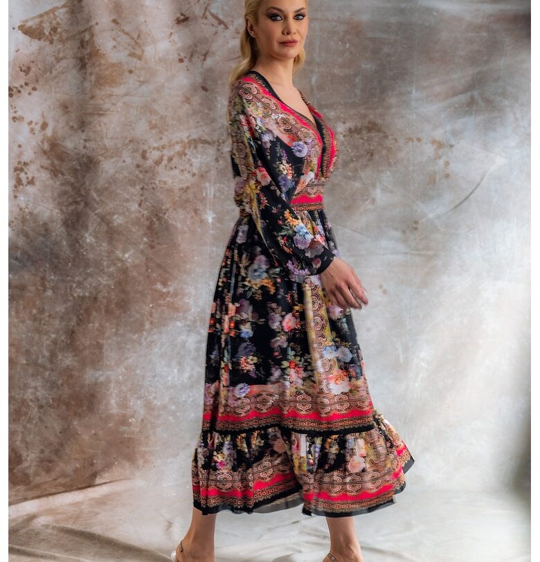 Рокля Willa с коприна - Черен/Бледо синьо/Керемидено червено MIAU by Clara Rotescu