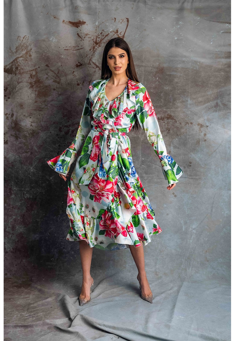 Рокля Zenna с коприна с набирания - Светлосин/Многоцветен MIAU by Clara Rotescu