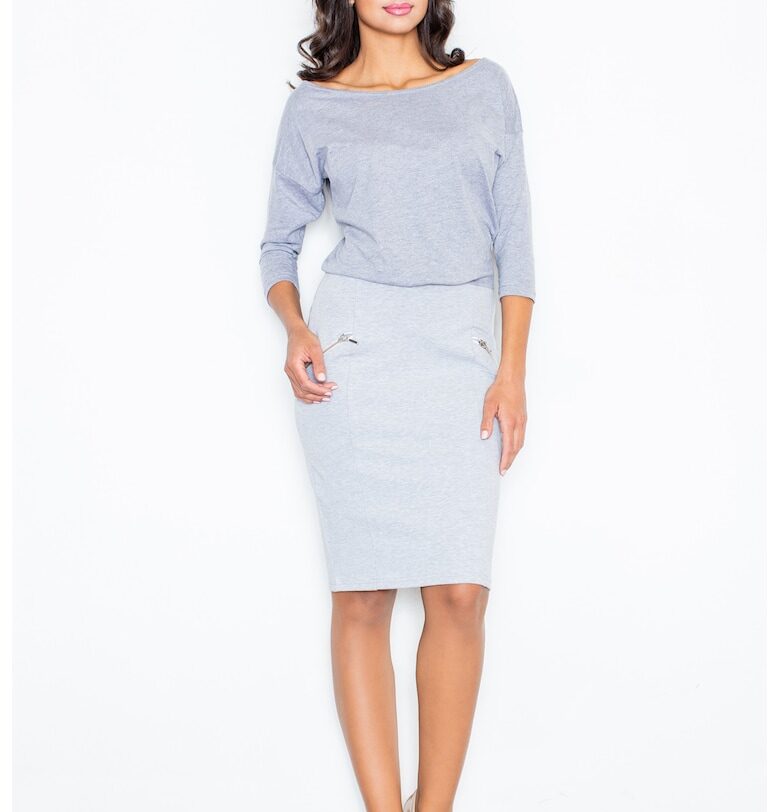 Рокля  деколте тип лодка - сива - елегантна - памучна - Figl