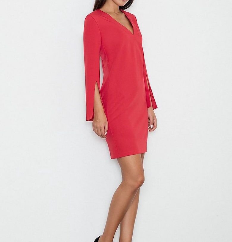 Рокля  елегантна - права кройка - ръкави с цепки - червена - полиестер-вискоза Figl