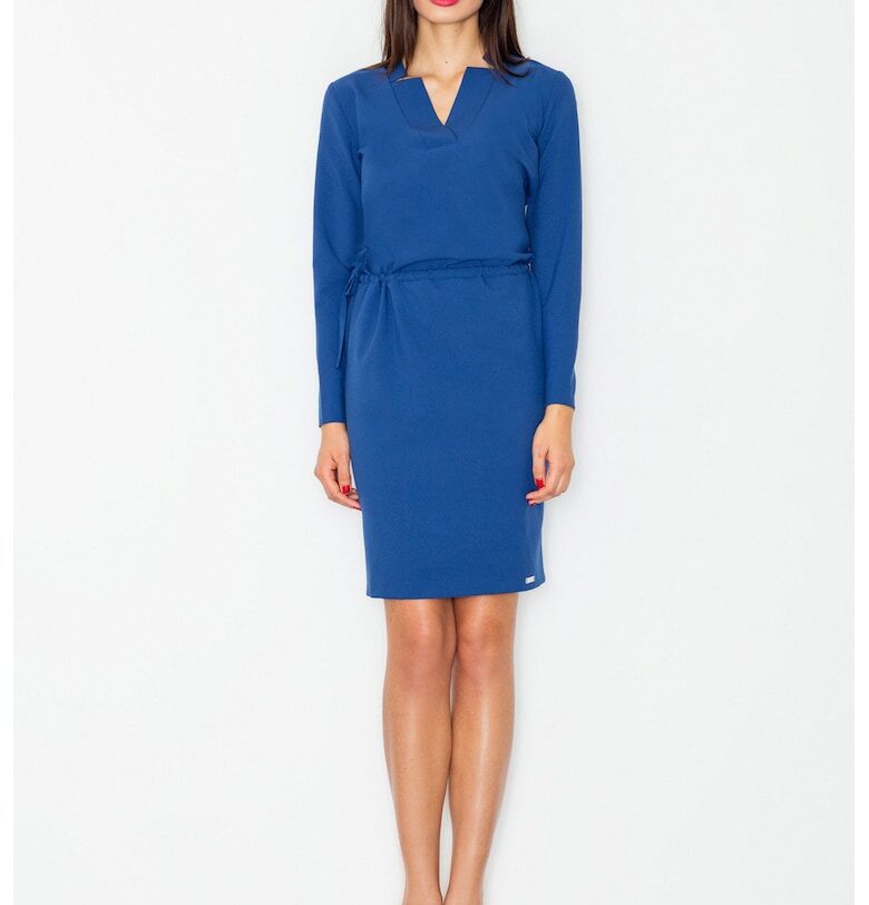 Рокля  елегантна - тъмносиня - дълги ръкави - V-образно деколте - полиестер Figl