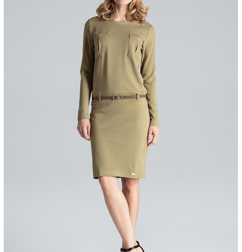 Рокля  зелена - елегантна - дълги ръкави - лодка деколте - вискоза Figl