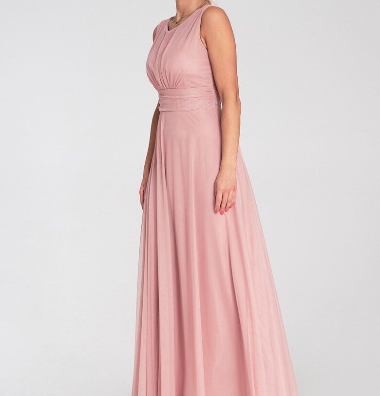 Рокля макси -  вечерна - без ръкави - розова - мрежеста материя - SM Figl