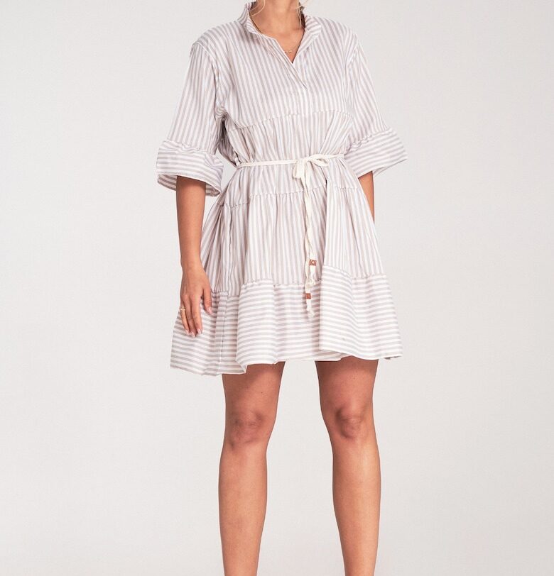 Рокля  на райета - широки ръкави - бежово - SM Figl