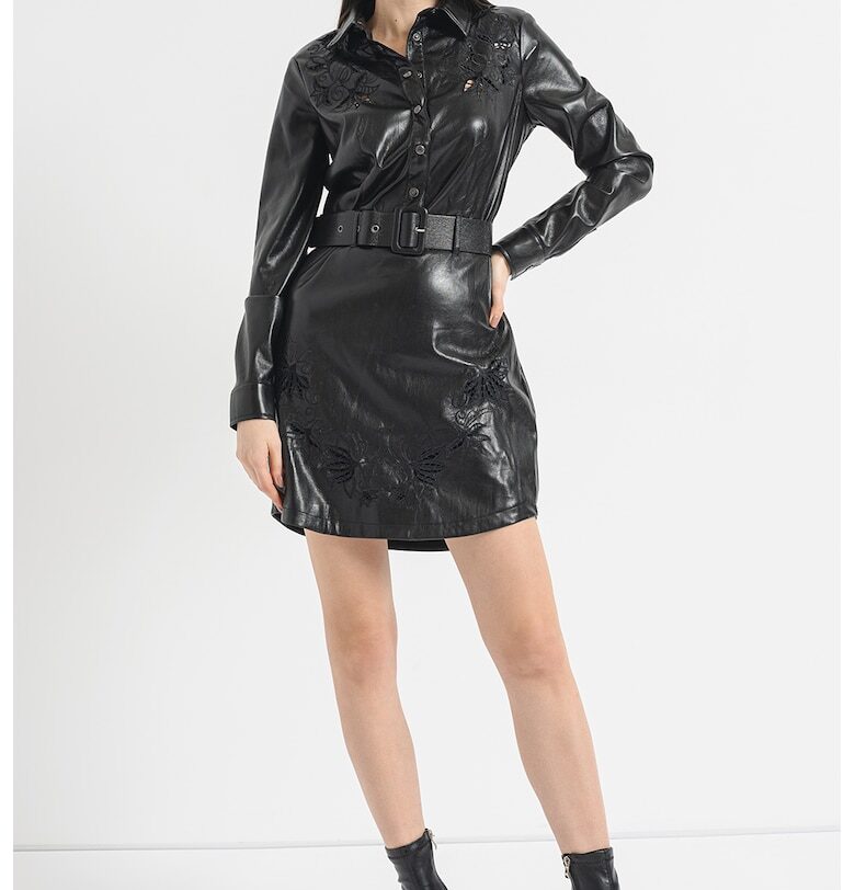 Рокля от еко кожа с бродерия - Черен GUESS