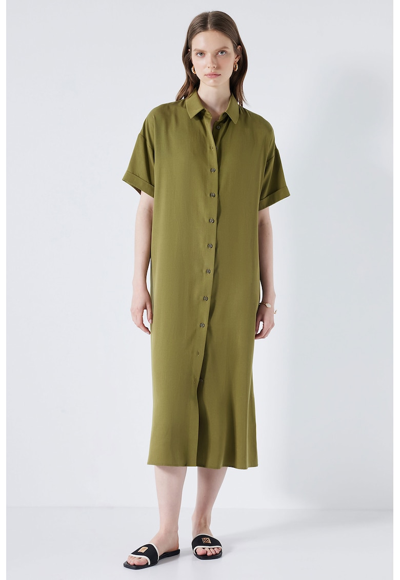 Рокля от лиосел с паднали ръкави - Маслинено зелено Ipekyol