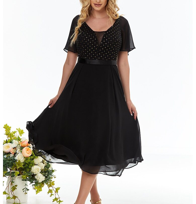 Рокля от шифон на точки - Черен BAROCCA