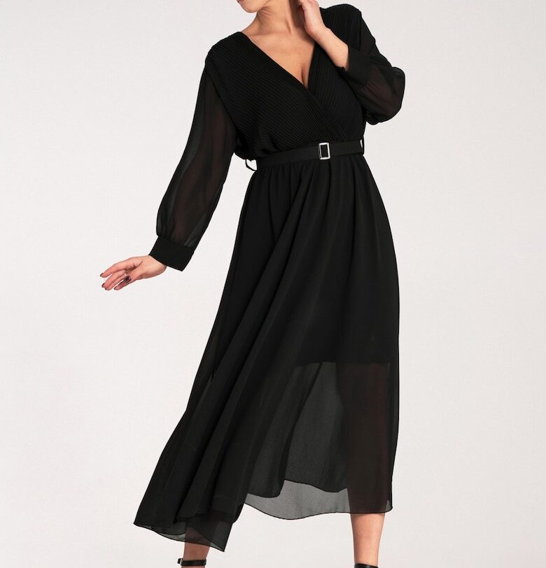 Рокля  плисирана - черна - елегантна - полиестер - SM Figl