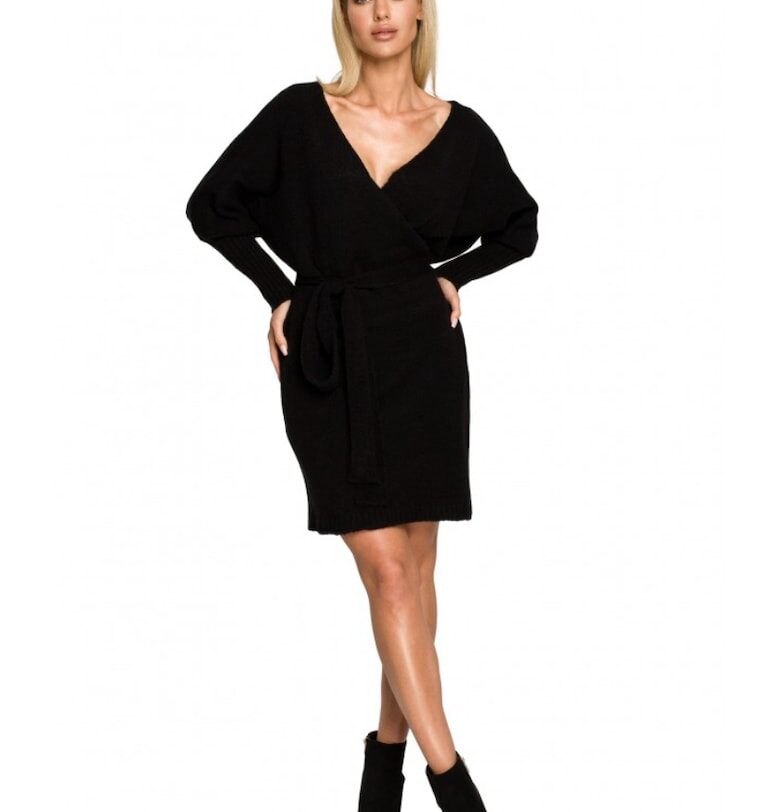 Рокля-пуловер - V-образно деколте - акрил - вълна - черно MOE