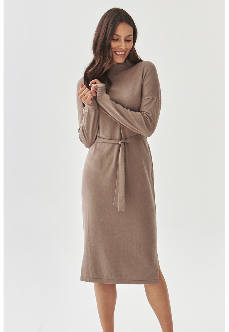 Рокля-пуловер с вълна и връзка - Светло кафяво Tatuum