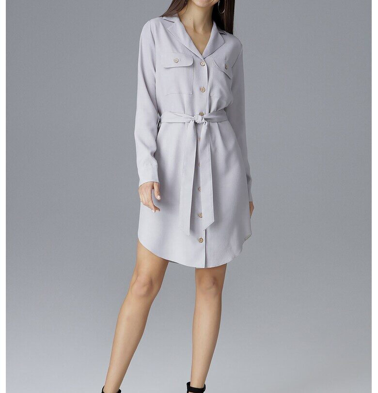 Рокля риза  M630 - сива - дълъг ръкав - с копчета и колан - 100% полиестер Figl