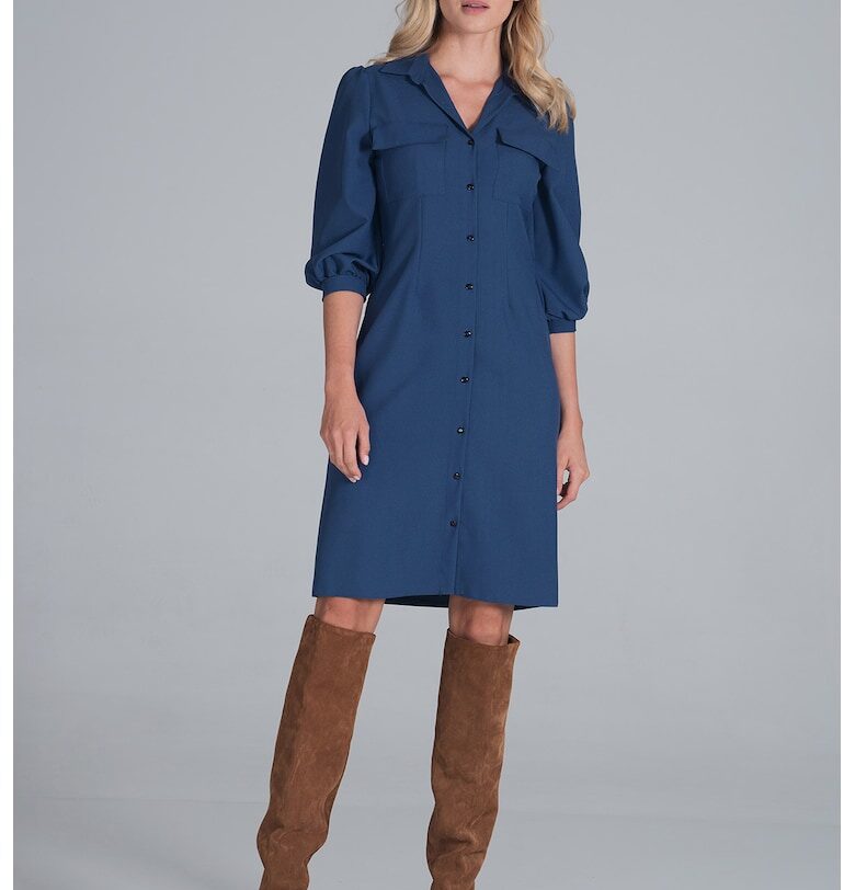 Рокля-риза  M849 - бухнали ръкави - синя - 100% полиестер - Figl