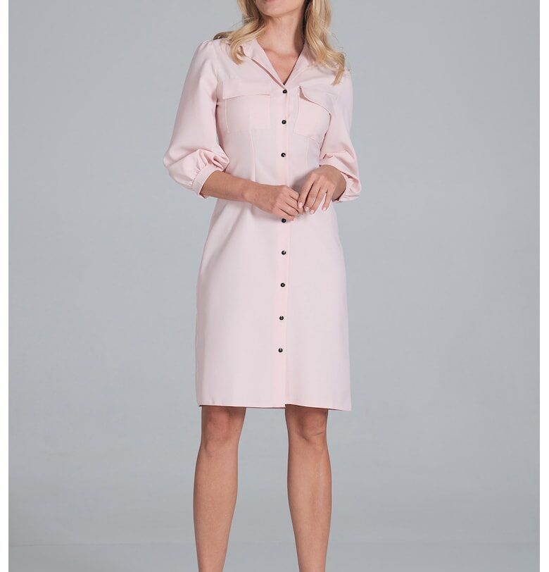 Рокля -  риза - буф ръкави - розова - ежедневна - полиестер Figl