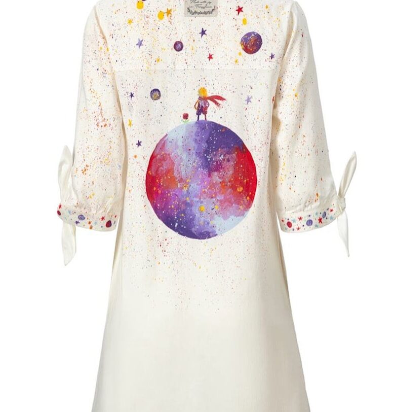 Рокля-риза с джобове и принт на гърба - Бял/Виолетов/Розово Madlen