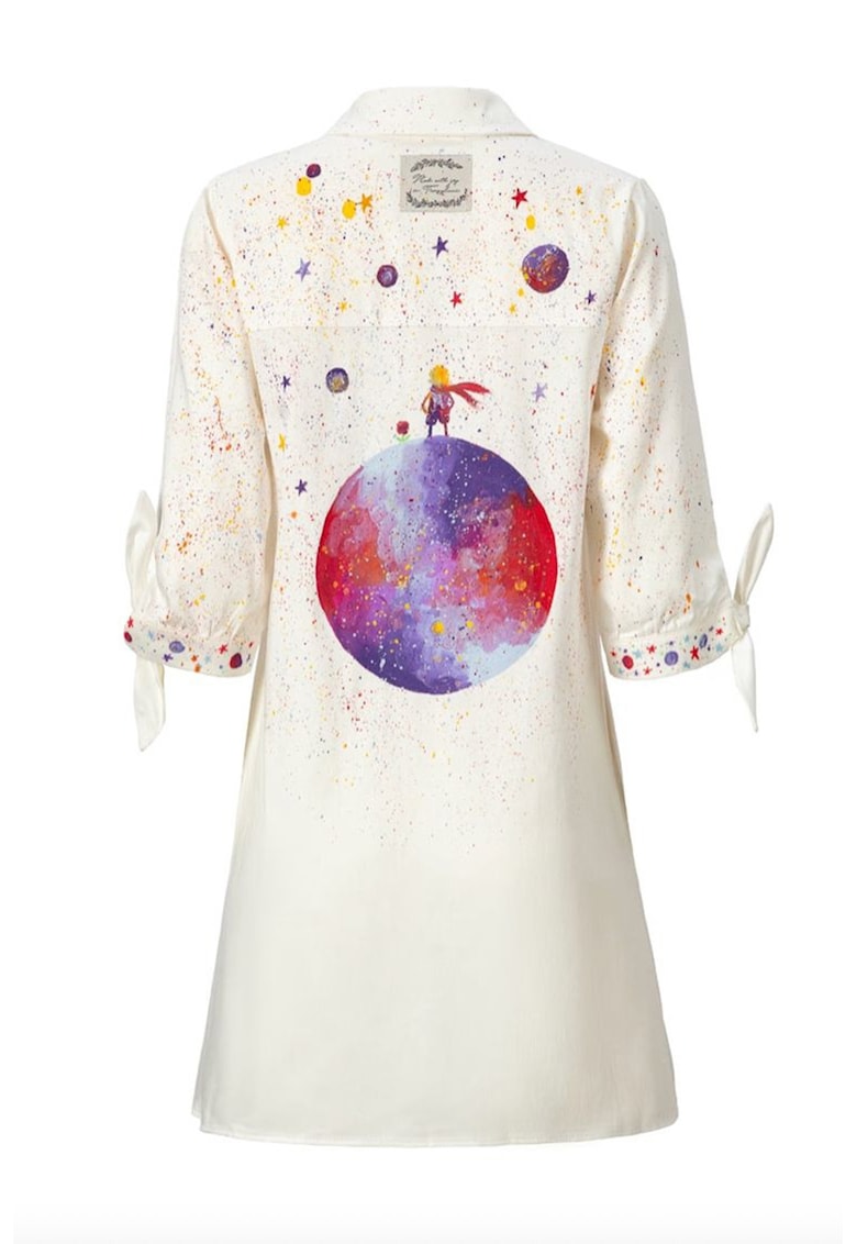 Рокля-риза с джобове и принт на гърба - Бял/Виолетов/Розово Madlen