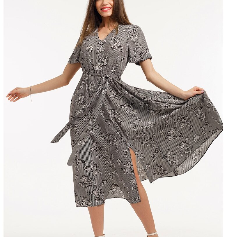 Рокля-риза с колан - Избеляло черно/Мръснобял CAMISSI