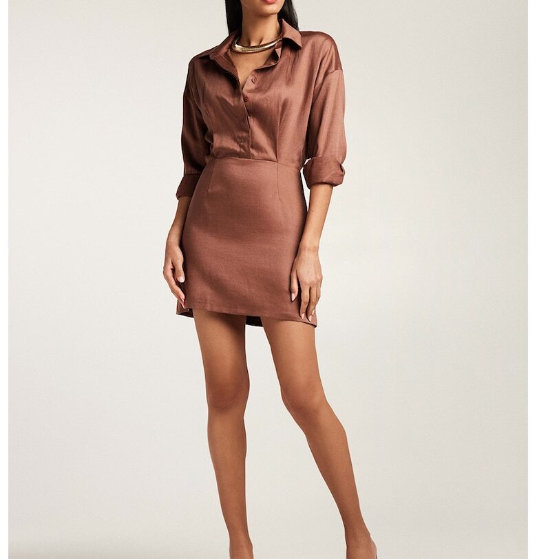 Рокля-риза с лен - Коняк кафяв Alina Cernatescu