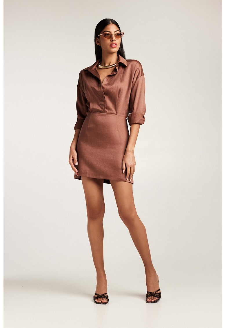Рокля-риза с лен - Коняк кафяв Alina Cernatescu