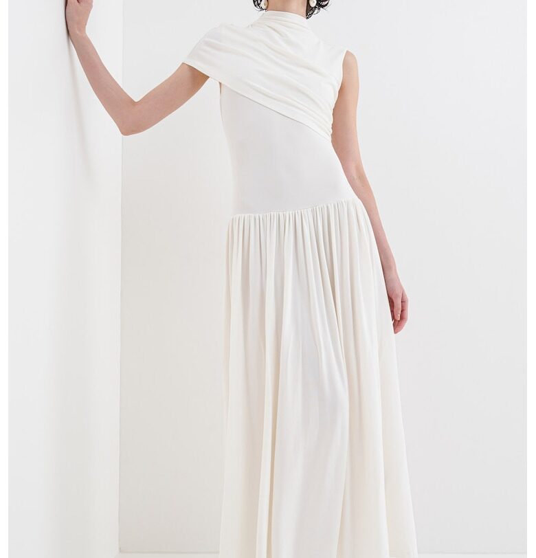 Рокля с асиметрично деколте - Мръснобял SELF-PORTRAIT