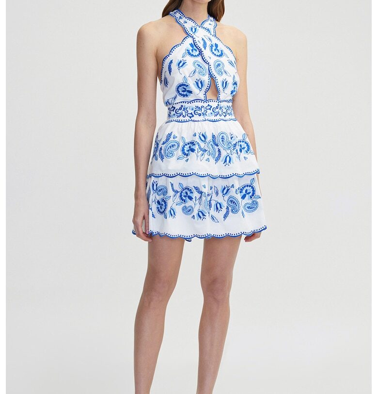 Рокля с бродерия и кръстосани презрамки - Бял/Кралско Синьо Ipekyol