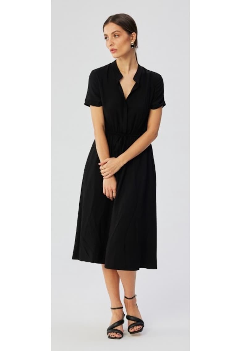 Рокля с висока яка и връзка на талията - черна - MOE