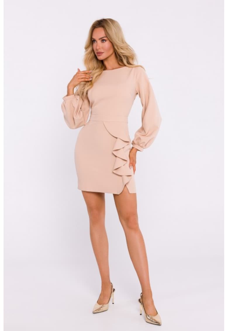 Рокля с волан и изрезка на гърба Бежов MOE