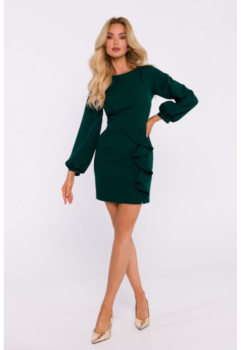 Рокля с волан и изрезка на гърба Бутилково зелено MOE