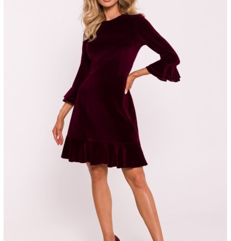 Рокля с волани  Кадифе - Червен - Бордо MOE