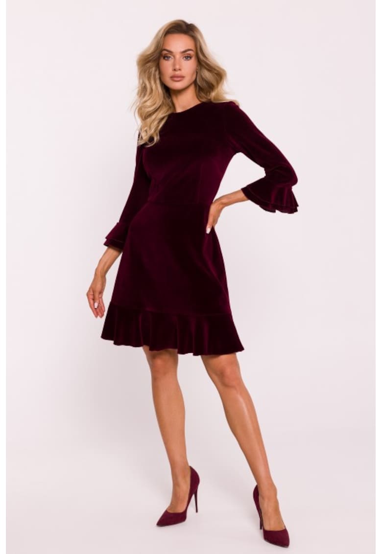 Рокля с волани Кадифе - Червен - Бордо MOE