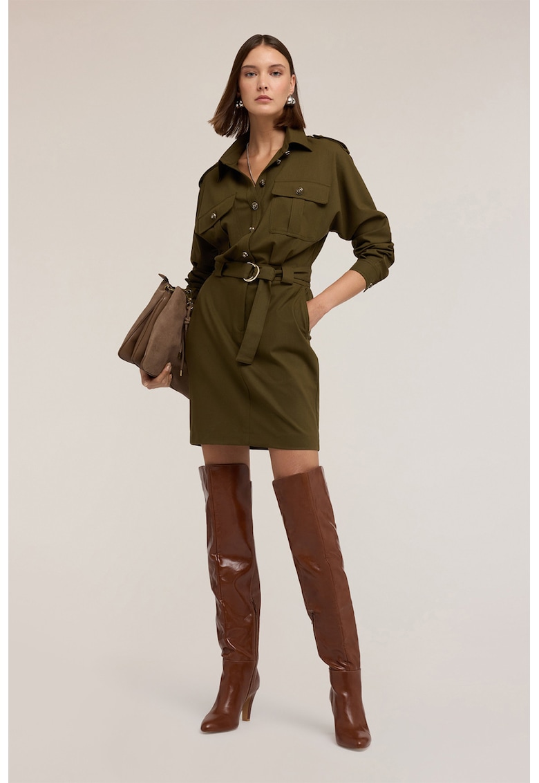 Рокля с вълна с еполети и яка - Тъмно каки Motivi