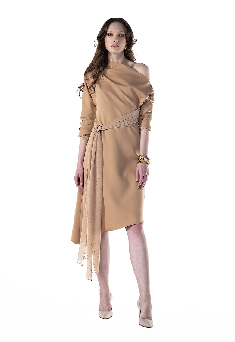 Рокля с голо рамо и връзка от шифон - Бежов AS Negulescu